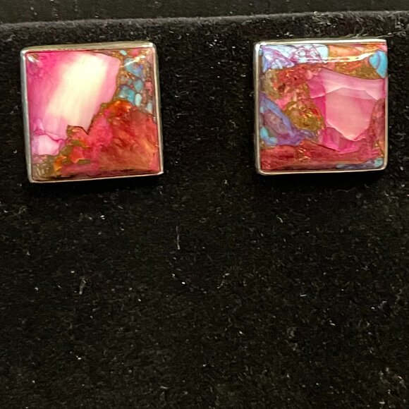 Kingman Turquoise Purple Dahlia Pierced Earrings set in 925 Silver - Picture 2 of 12